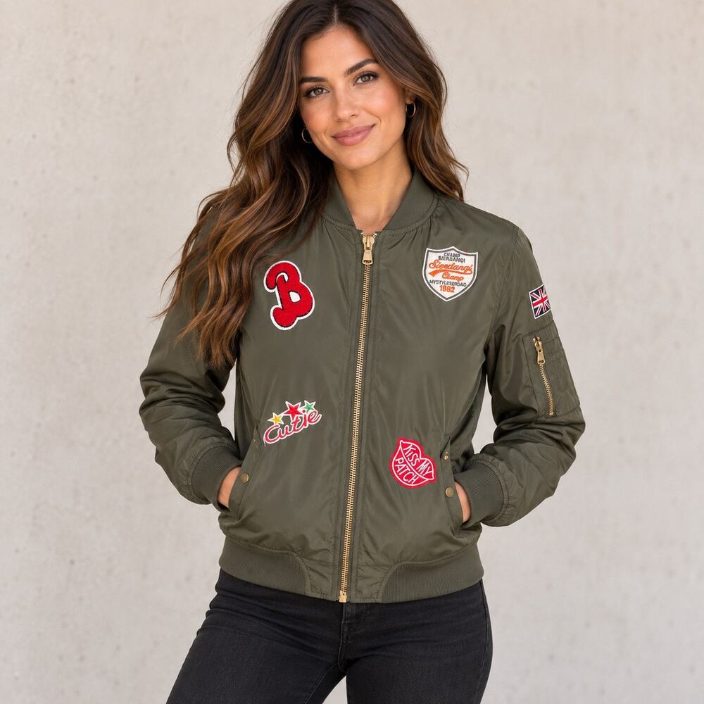 Ci Sono Originals Bomber Jacket Womens M Olive Green Patches Orange Lining
